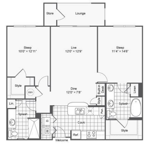 Floor plan for 2 beds, 2 baths, 1067 sqft